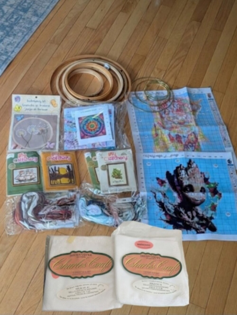 Mega Craft Lot: 8 Cross Stitch Kits + 16 Hoops + 2 Charles Craft Aida Fabrics